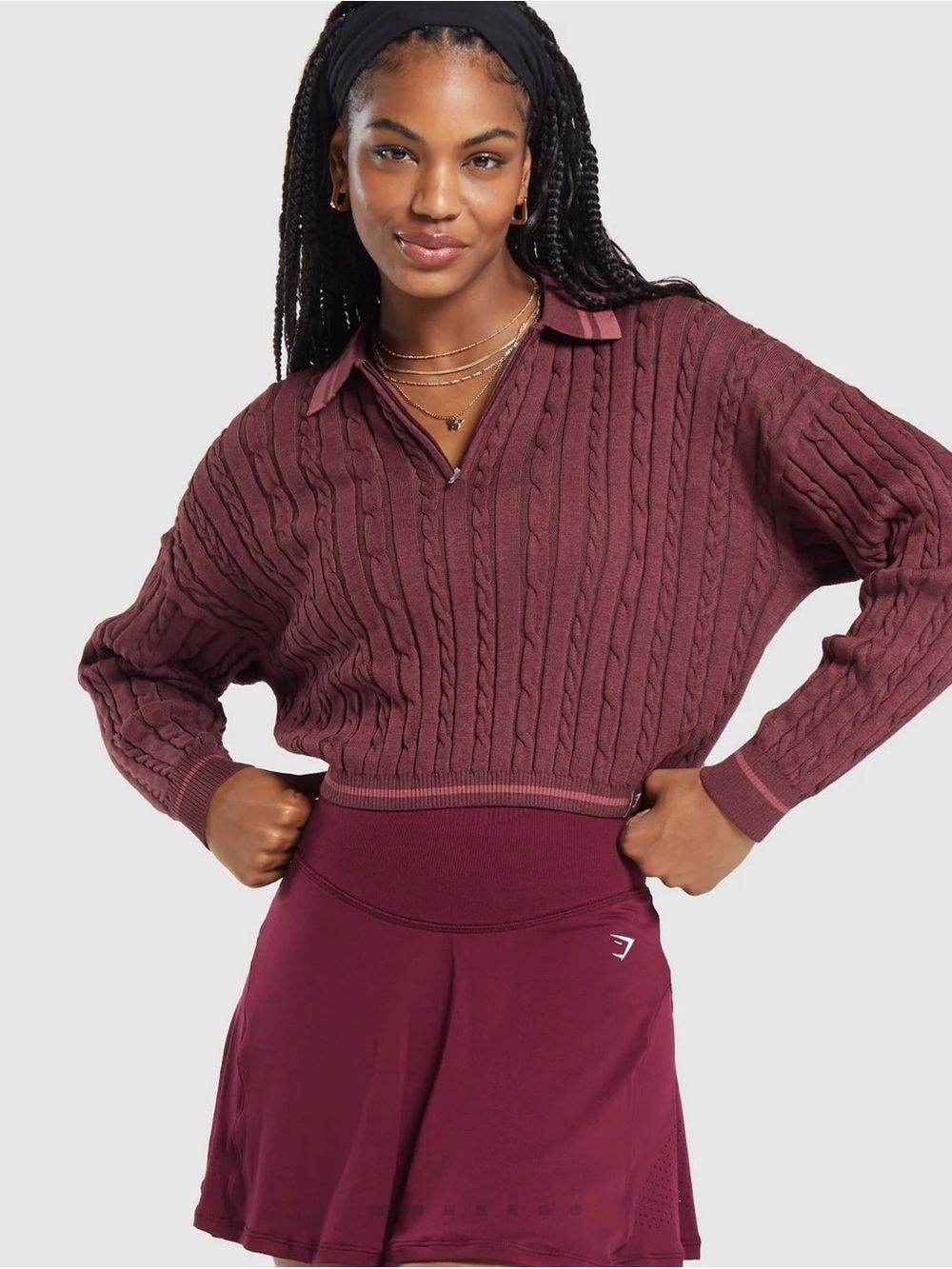 Gymshark Rest Day Cable-Knit Pullover With Half-Zip in Burgundy/Soft Berry XS